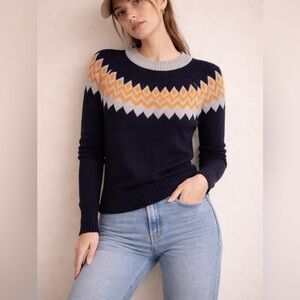 Cable Stitch Fair Isle Sweater Small Navy Orange Gray Cozy Cotton Nordic Sz S